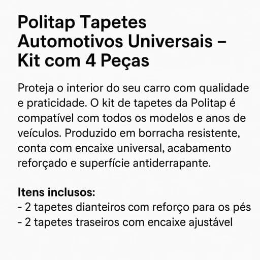 Jogo de Tapetes Automotivos Universais em Borracha, 4 Peças