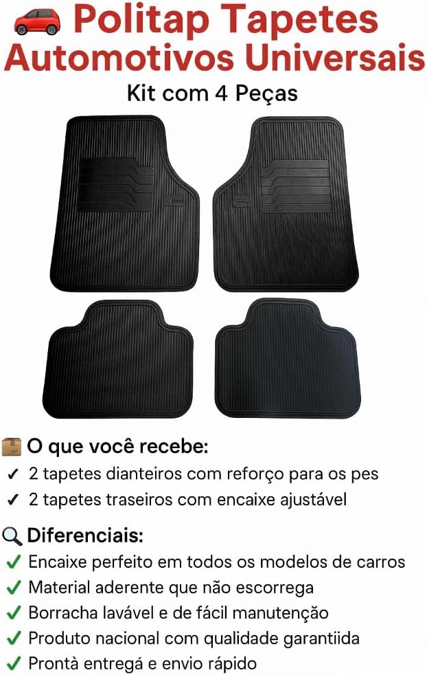 Jogo de Tapetes Automotivos Universais em Borracha, 4 Peças